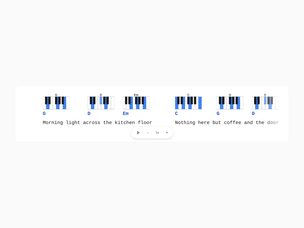 Chord sheet showing chord symbols and piano hand-placement diagrams above lyric words