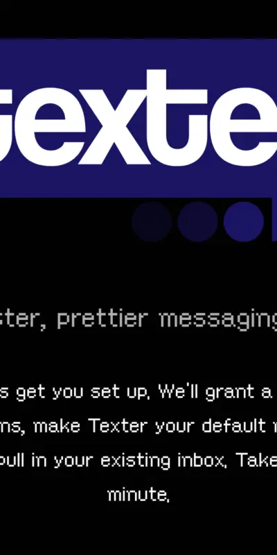 Texter app welcome screen with speech-bubble wordmark and the tagline a faster prettier messaging app