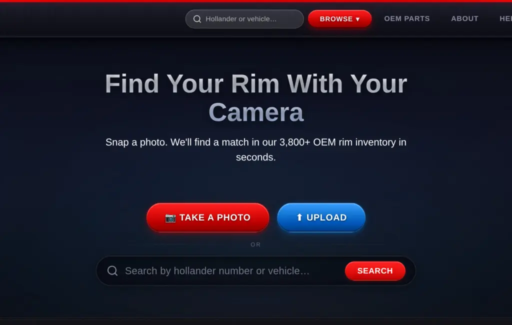 AllOEMRims.com homepage headline Find Your Rim With Your Camera with Take a Photo and Upload buttons