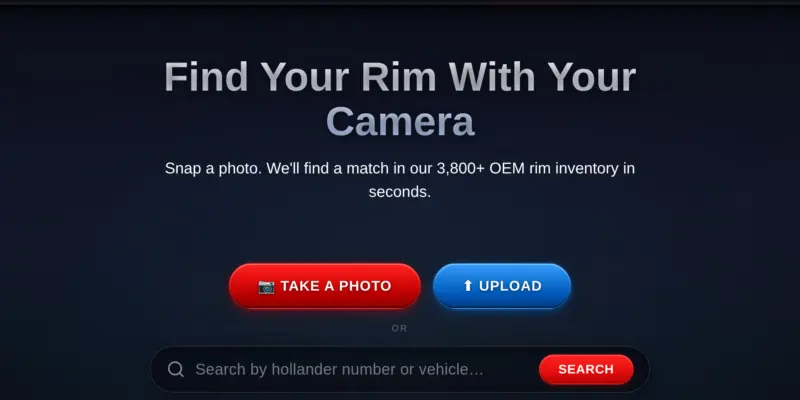 AllOEMRims.com homepage headline Find Your Rim With Your Camera with Take a Photo and Upload buttons