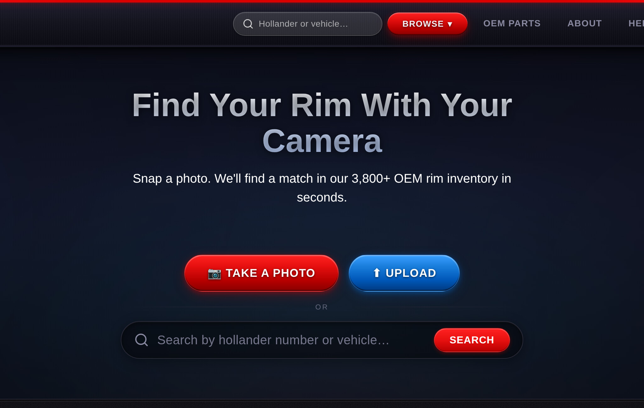 The storefront, photographed from the public site: point a camera at a wheel and search the inventory with it.