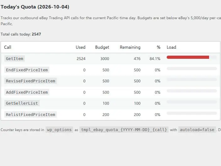 The API Quota tab in the eBay settings: six kinds of eBay call, each with how many were used today, its budget, what remains and a load bar. GetItem shows 2,524 of 3,000