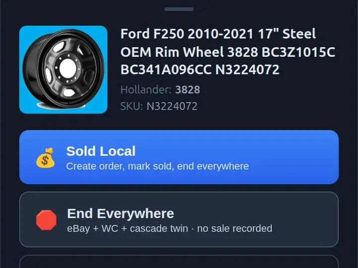 The quick-sell tool on a phone with one wheel open, a Ford F250 steel wheel. Below its photo and SKU are three buttons: Sold Local, End Everywhere and Event History