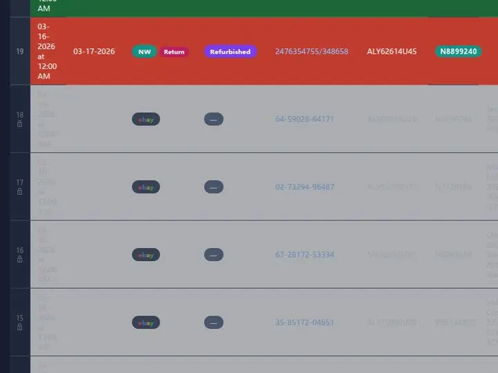 Ledger rows from mid-March 2026: live orders at the top, a credited return in red, then greyed historical rows with a lock icon beside each row number