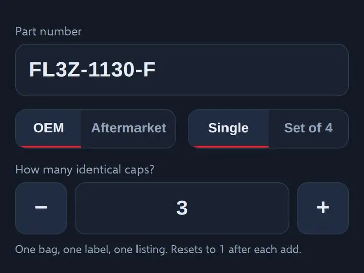 Cap Intake on a phone: a part number, OEM or Aftermarket, Single or Set of 4, and a How many identical caps stepper set to 3, above a red Add 3 + Print button