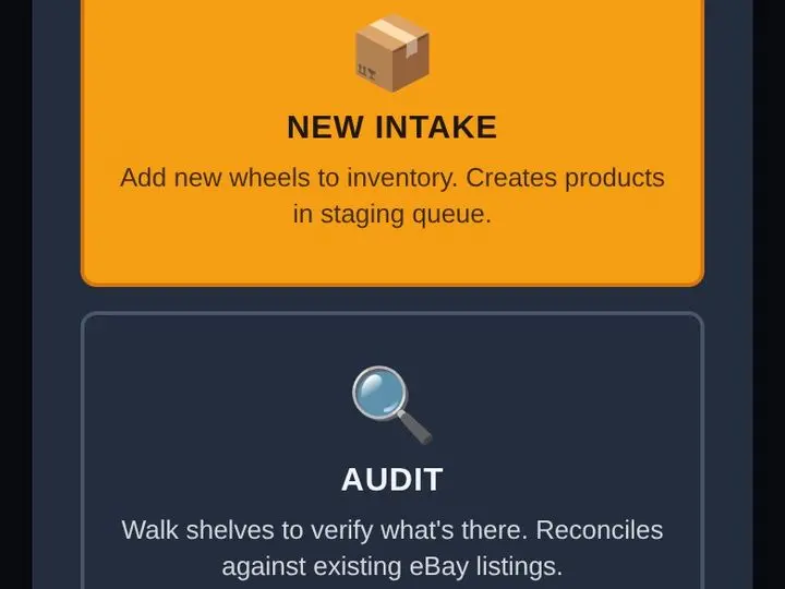 The yard app on a phone, asking What kind of batch. Two choices: New Intake, which adds new wheels to inventory and creates products in the staging queue, and Audit, which walks the shelves to check what is there against the eBay listings