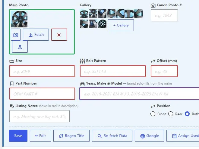 A wheel editor open inside the staging queue. The empty size, bolt pattern, offset and part number fields are outlined in red, and the cursor sits in the Years, Make and Model field