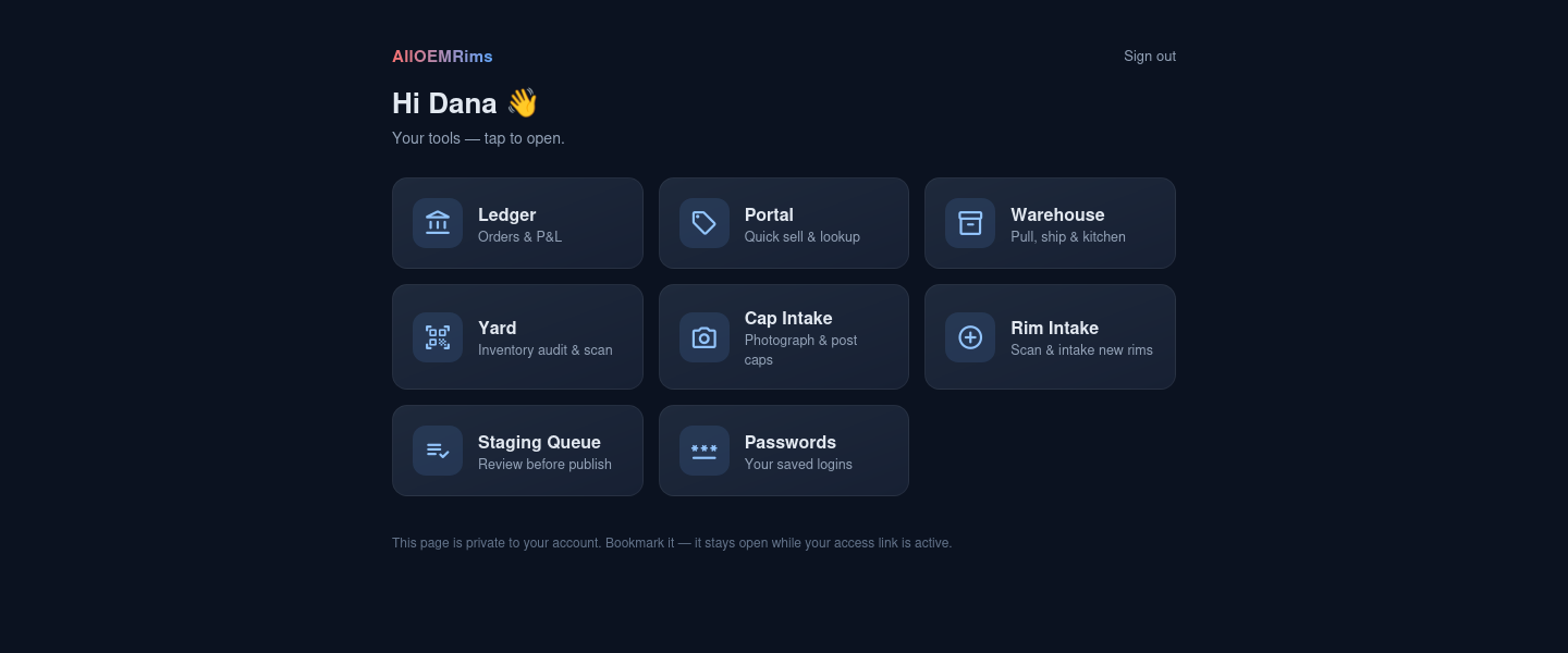 The Hub: each person sees only the tools they need, one tile each.