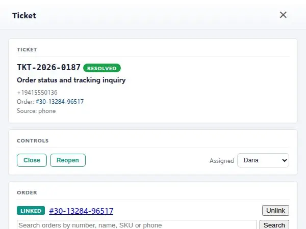 A phone ticket open beside the ticket list, marked resolved and linked to its order, with the call record and its summary below