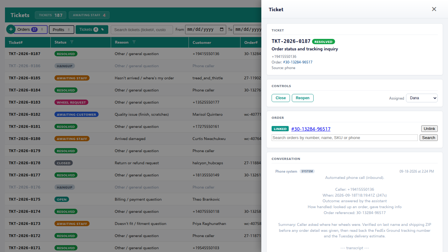 The support desk: one ticket per order question, with the order record beside it so nobody retypes anything.
