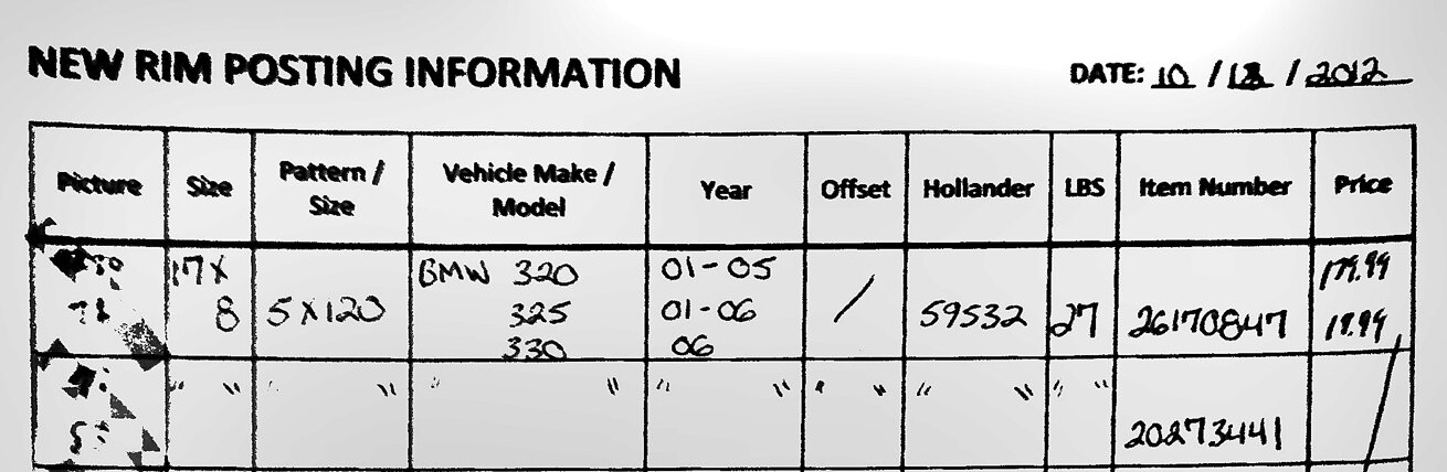 The top of a printed paper form headed NEW RIM POSTING INFORMATION, dated 10/18/2012, with ten ruled columns: picture, size, pattern, vehicle make and model, year, offset, hollander, pounds, item number, price. The first row is filled in by hand for a BMW 320, 325 and 330, and the row under it is all ditto marks except a new item number