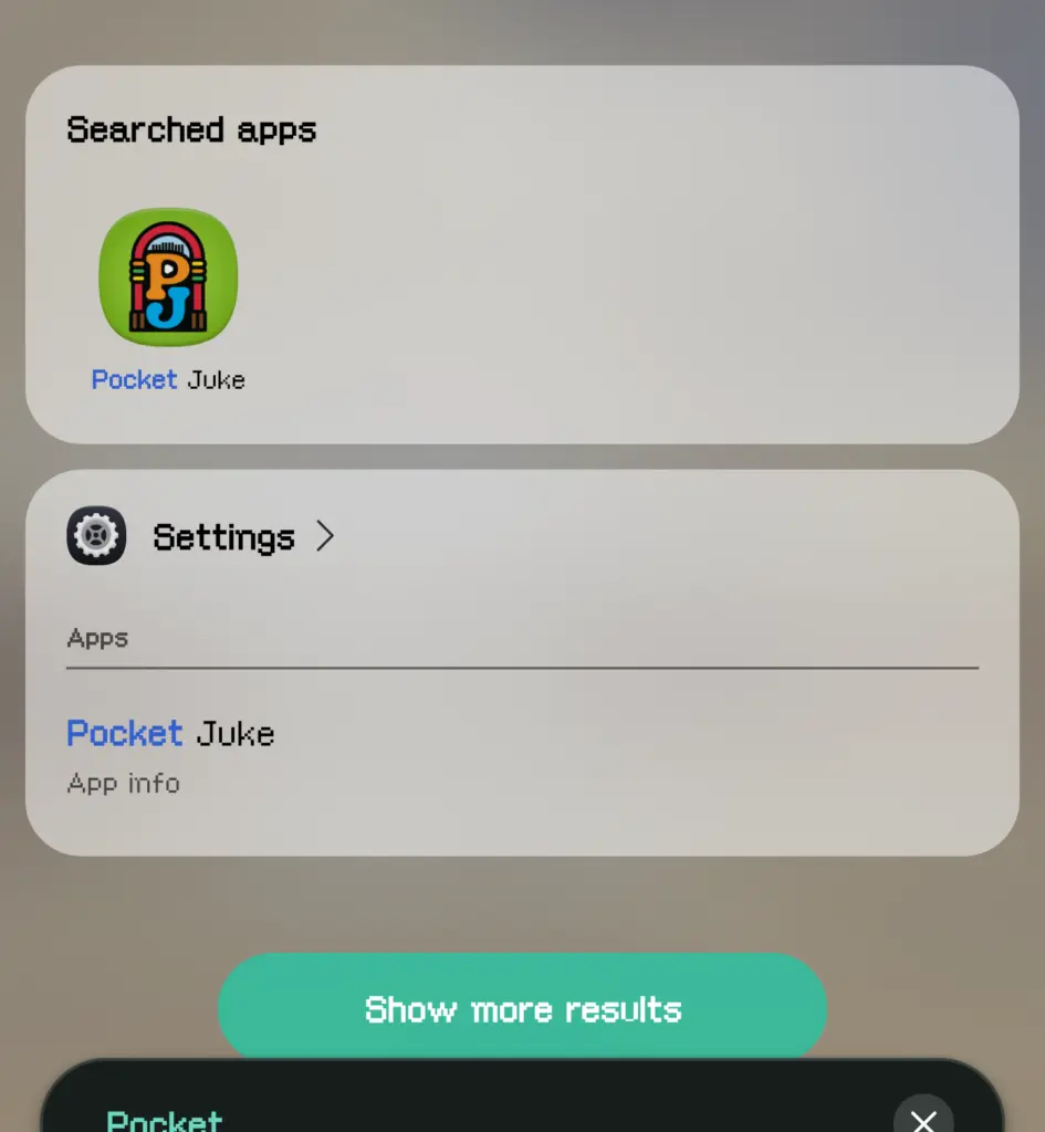 The Pocket Juke icon in the phone's app drawer search results