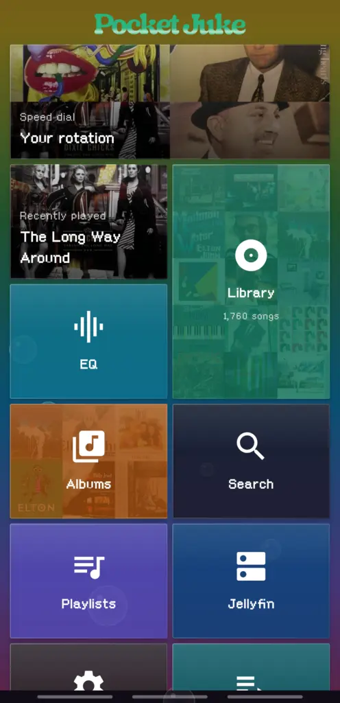 The Pocket Juke home screen: glass tiles over the drifting jukebox rainbow, Speed Dial and Recently played showing album covers
