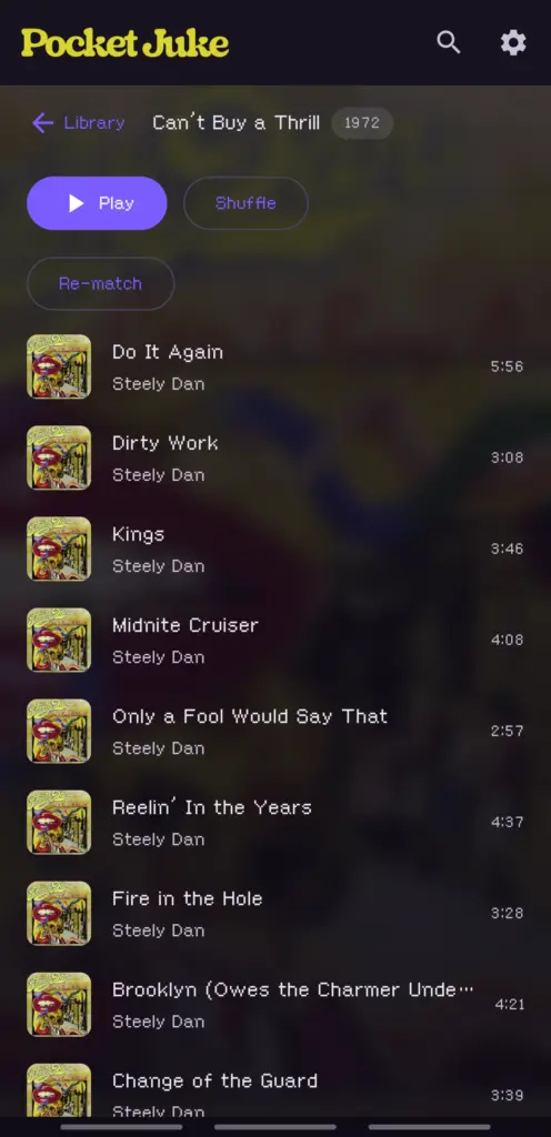 Album detail for Can't Buy a Thrill: blurred cover backdrop, year pill, Play and Shuffle, track rows with running times