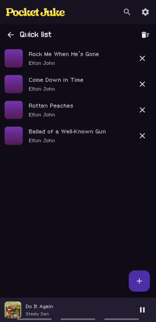 The Quick list: a scratch list of songs with per-row remove and a plus button to save it as a playlist