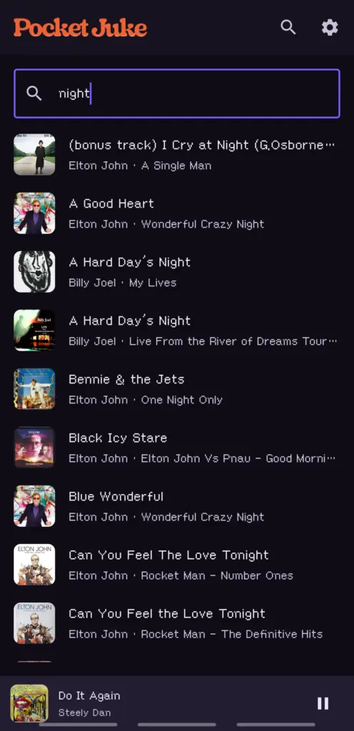 Search for the word night: results with cover art, title and artist and album lines