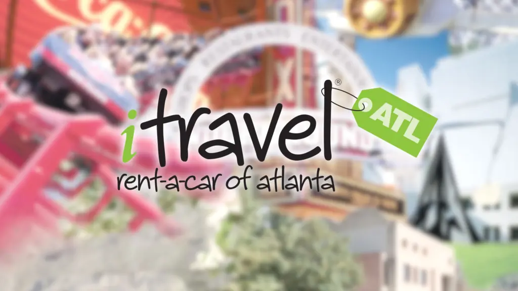 The iTravel Rent-a-Car of Atlanta logo with a green ATL tag, over a blurred Atlanta collage