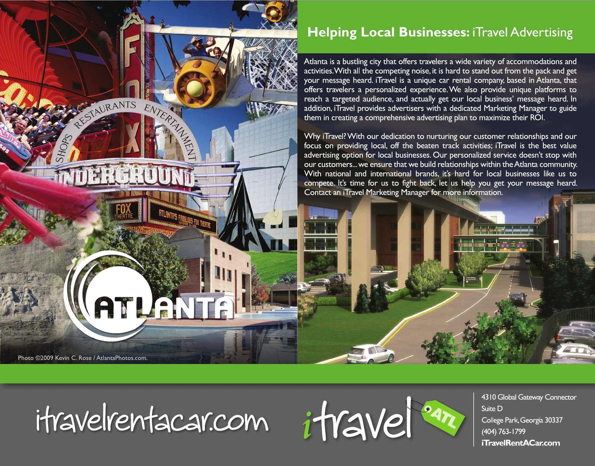 A one-page sheet headed Helping Local Businesses: iTravel Advertising. An Atlanta photo collage on the left, the pitch to local advertisers on the right, and a gray footer with the web address, street address and phone number.