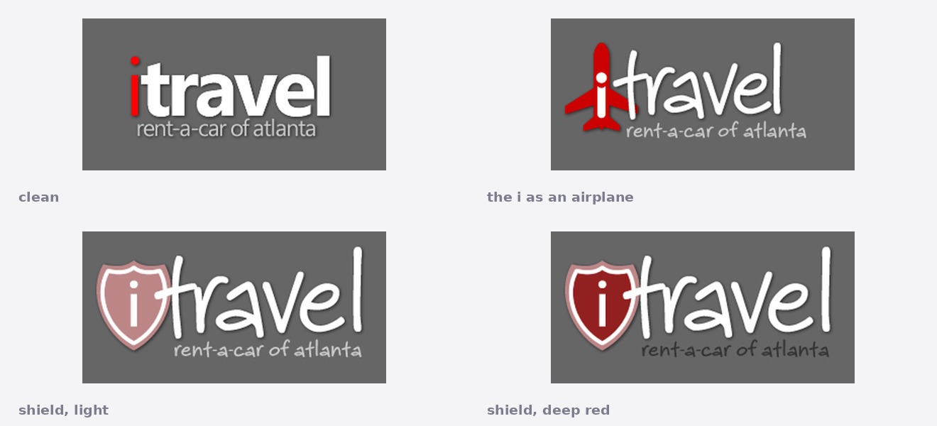 Four logo directions for iTravel rent-a-car of atlanta. One is a clean bold sans with a red i. One replaces the i with a red airplane seen from above. Two put the i inside a shield, one in pale pink and one in deep red.