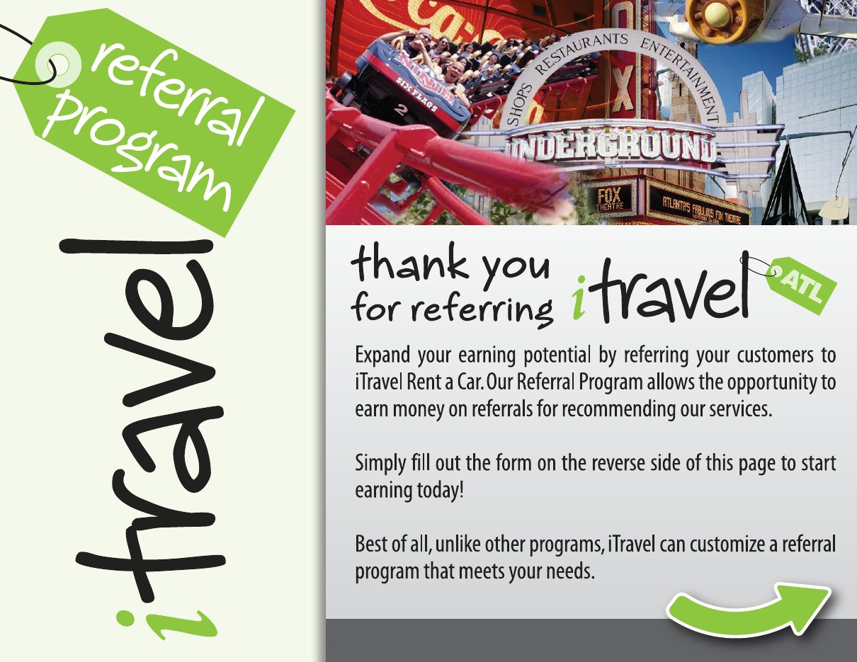 Page one of the iTravel referral program for businesses: a green tag reading referral program beside the iTravel wordmark, an Atlanta collage, and the line thank you for referring.