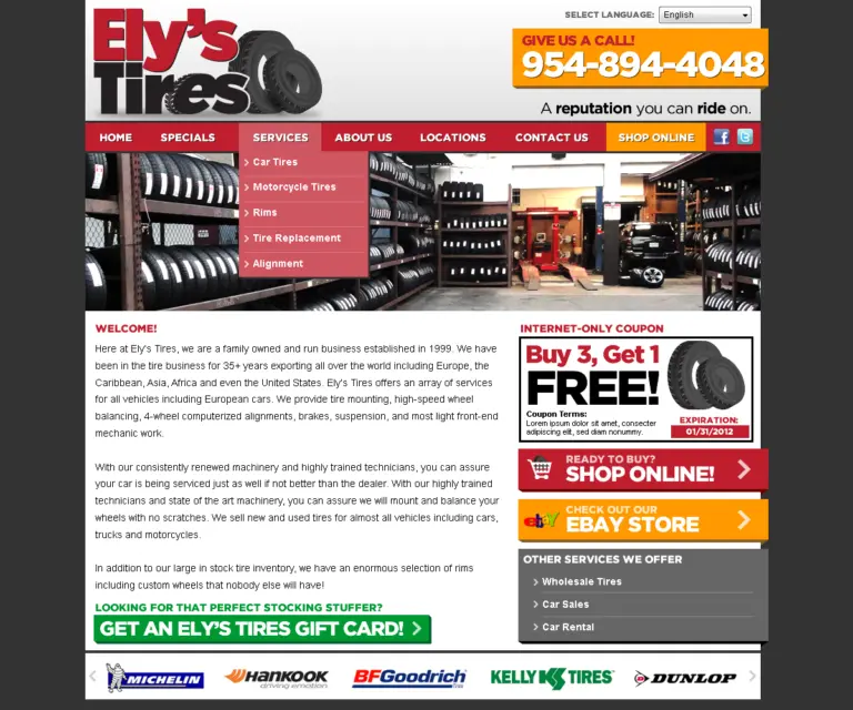 Ely's Tires website layout