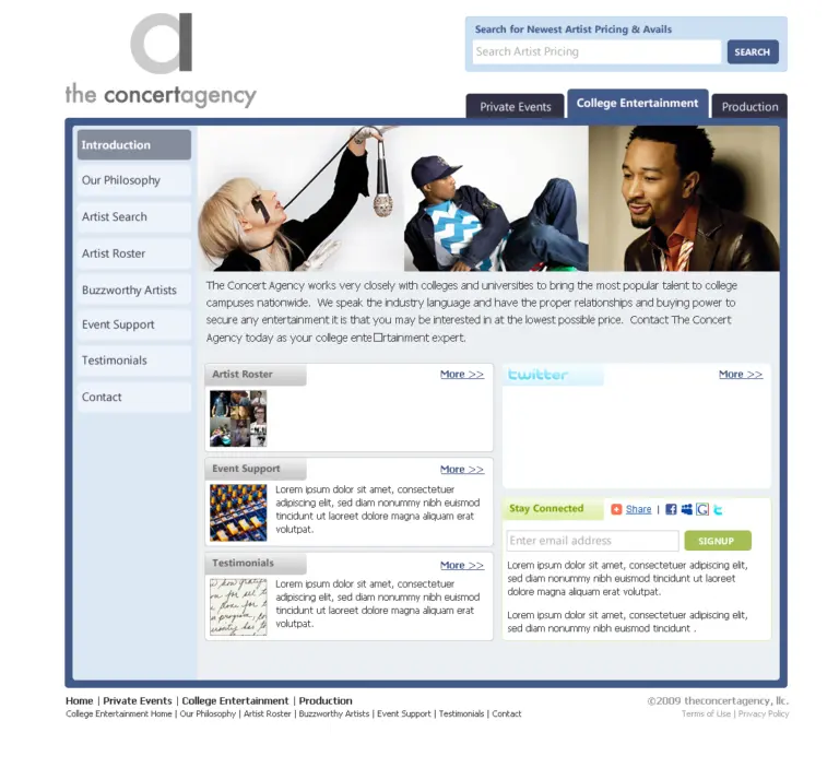 The Concert Agency website layout