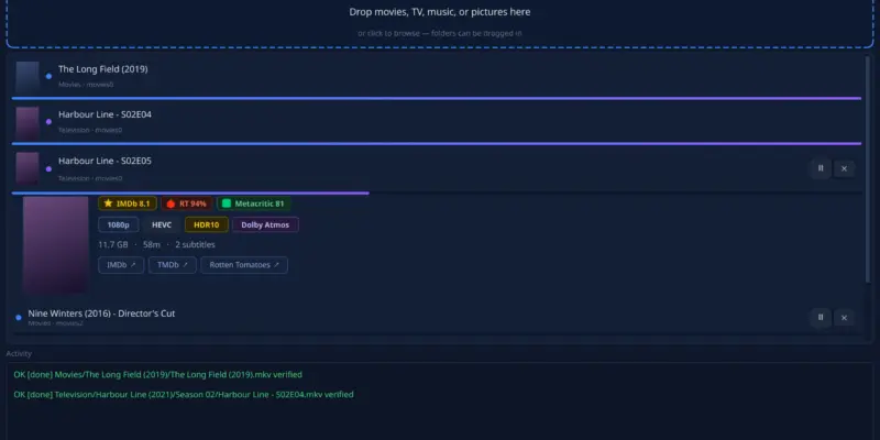 Media Drop on Linux: the dark review queue mid-transfer, showing per-item progress, an expanded details panel with format badges and ratings, the activity log, and the four destination drive meters. Titles and figures are sample data.