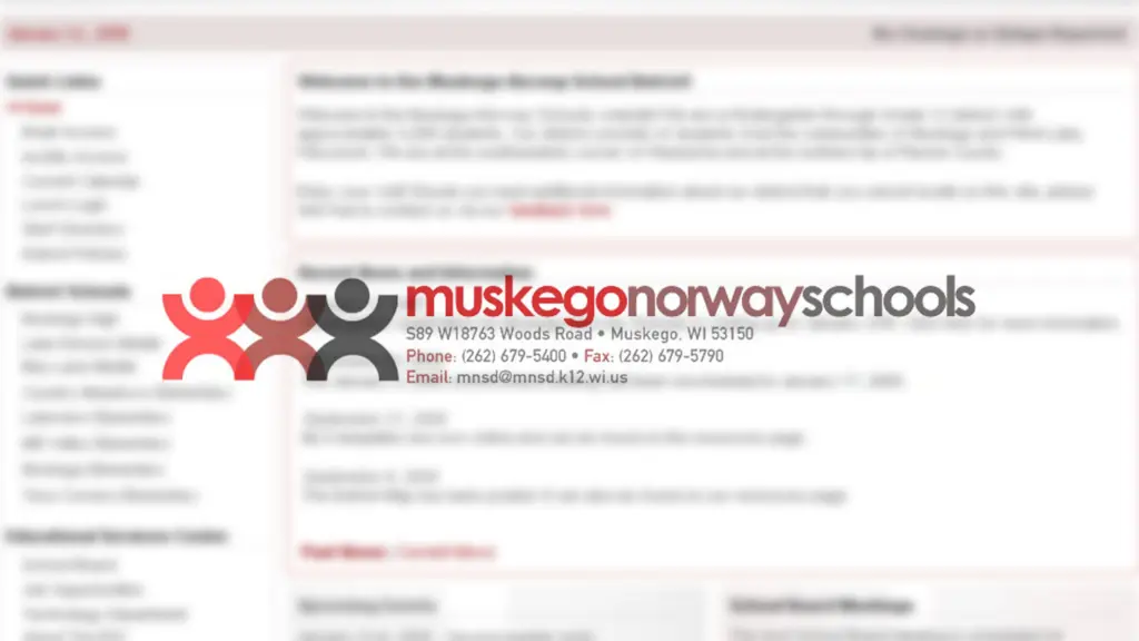 The Muskego Norway Schools logo and contact block over a blurred view of the district home page
