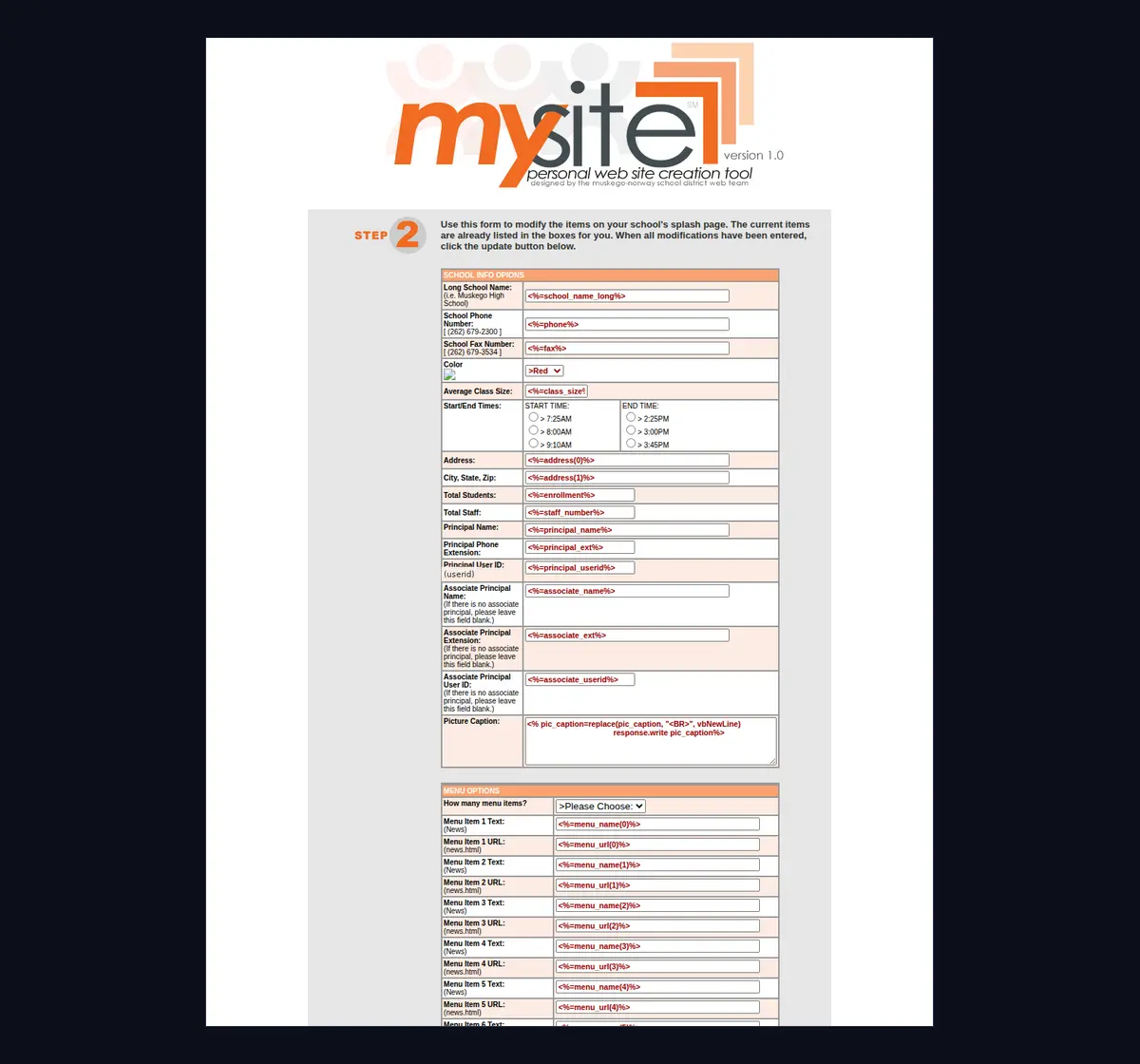 The mySite editing form, showing labelled fields each with a worked example