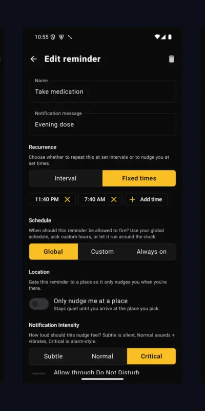 Three Nudge screens on a phone: the reminder list with the new logo and a clock watermark, the reminder editor showing fixed times and intensity, and settings showing the global active window and permissions.