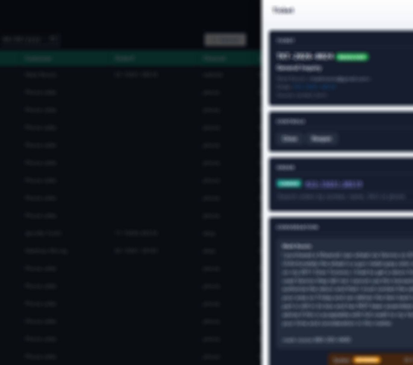 The support desk ticket list, with a phone call ticket open beside it showing the caller, the order it was about, and the full transcript. Every value is blurred.
