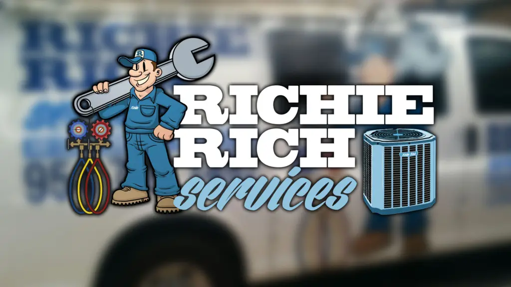 The Richie Rich Services logo, a cartoon technician with a wrench and an AC unit, over a blurred service van
