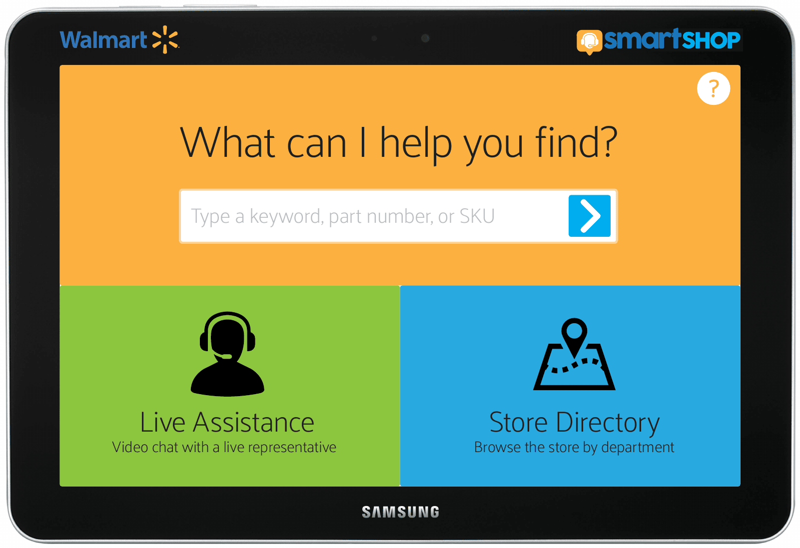 Kiosk home screen split into a search zone, a Live Assistance tile and a Store Directory tile