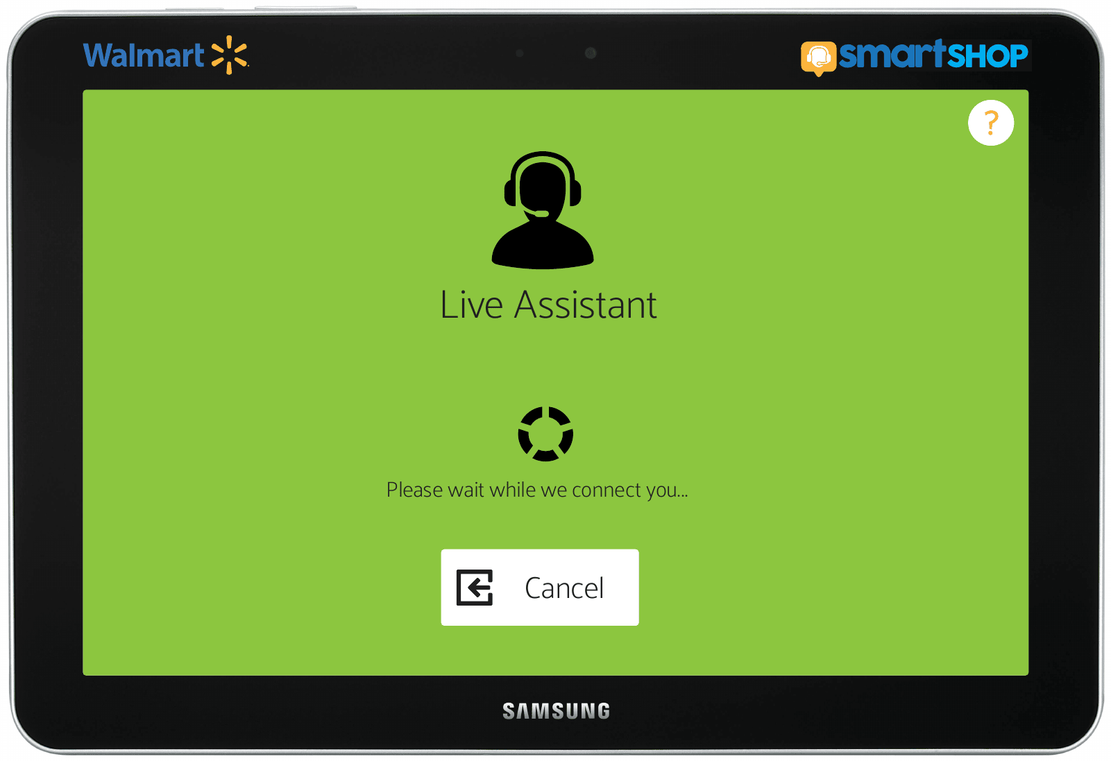 The Live Assistant connecting state with a spinner, a please wait message and a Cancel button