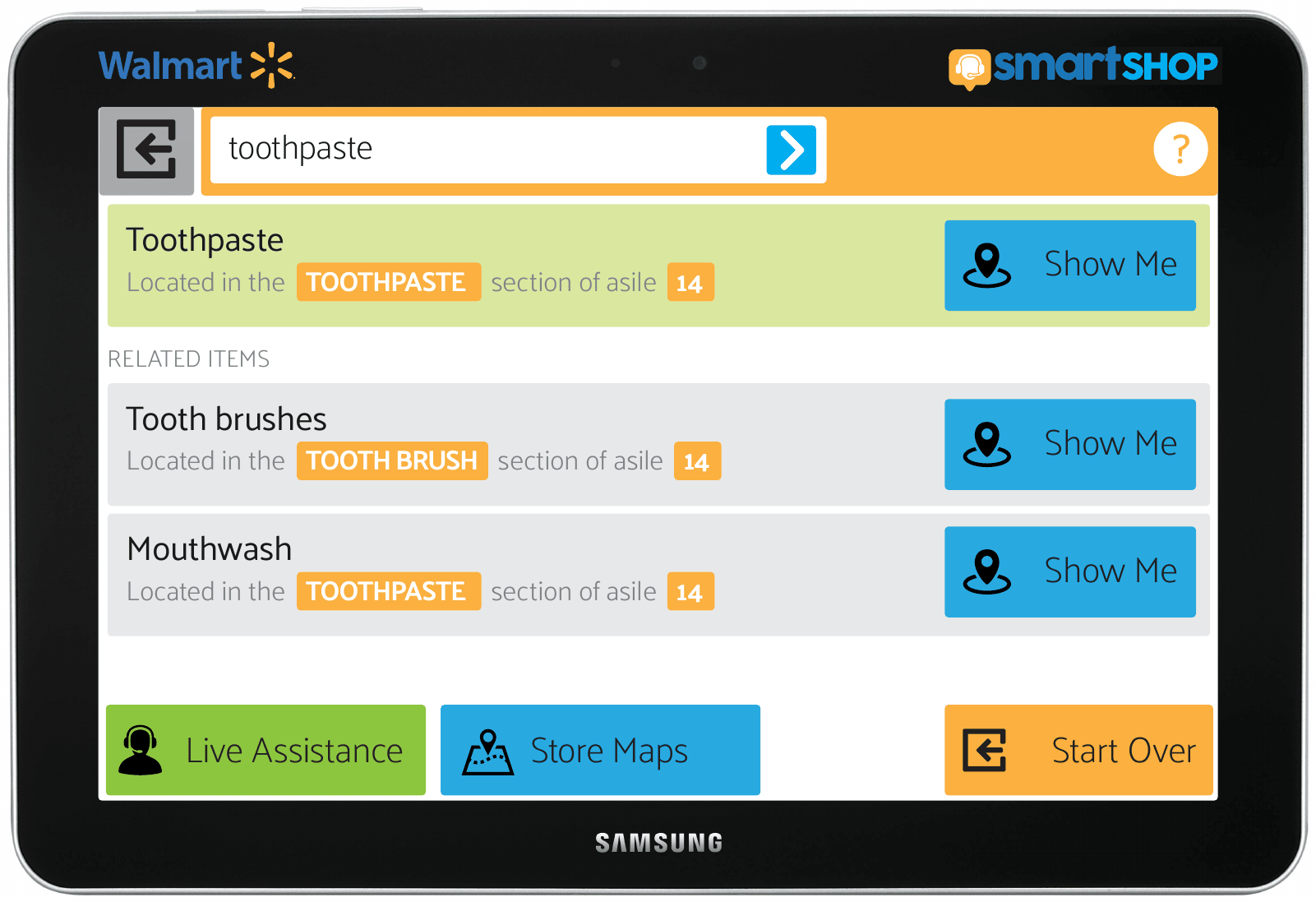 Search results for toothpaste with the exact match highlighted and related items below, each with a Show Me button