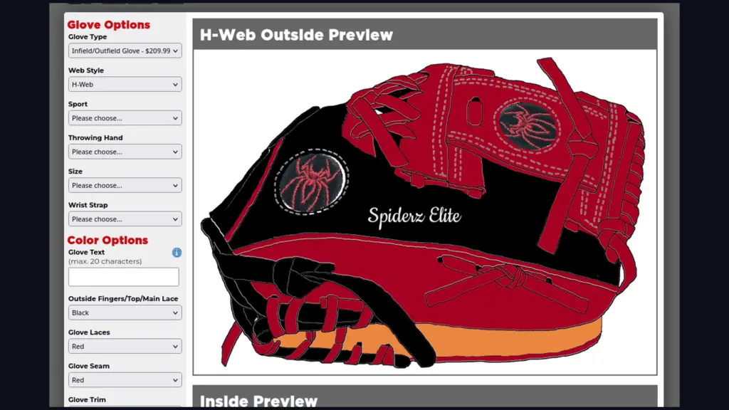A custom baseball glove rendered in black and red inside the glove builder, with a rail of color selectors beside it