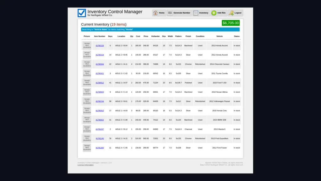 A fifteen column inventory table with a running dollar total and a days in stock column