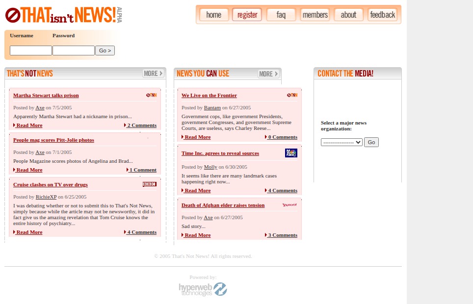 The That's Not News home page with three columns of submitted stories