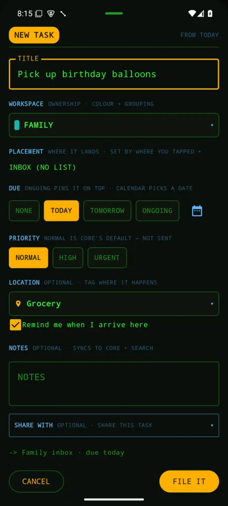 The capture sheet with Grocery chosen as the place and the Remind me when I arrive here box checked