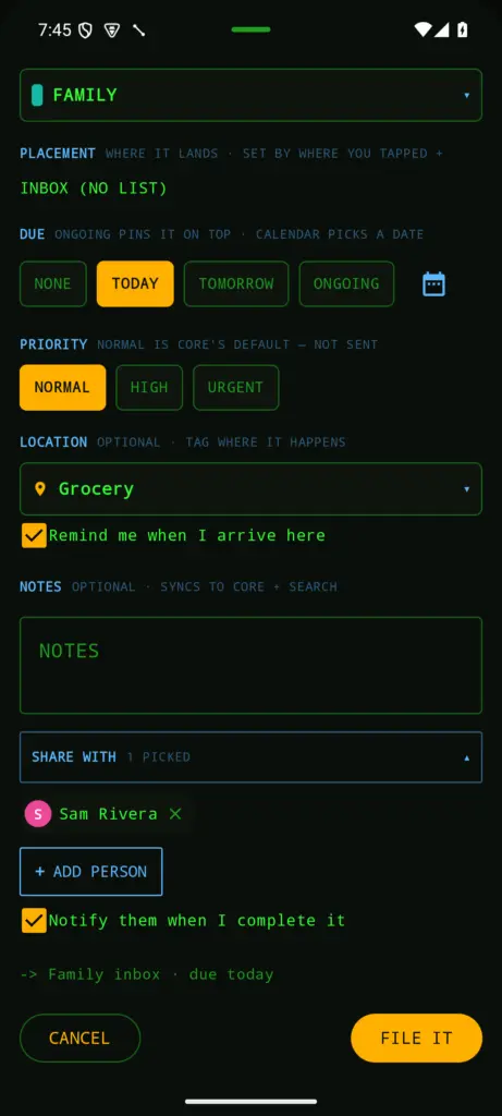 The capture sheet with Grocery as the place, Remind me when I arrive here checked, Sam Rivera picked under Share with, and Notify them when I complete it checked