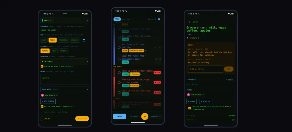 Three Punchlist screens: the capture sheet with a place and a reminder set, the task wheel, and a task's detail with its notes and sharing