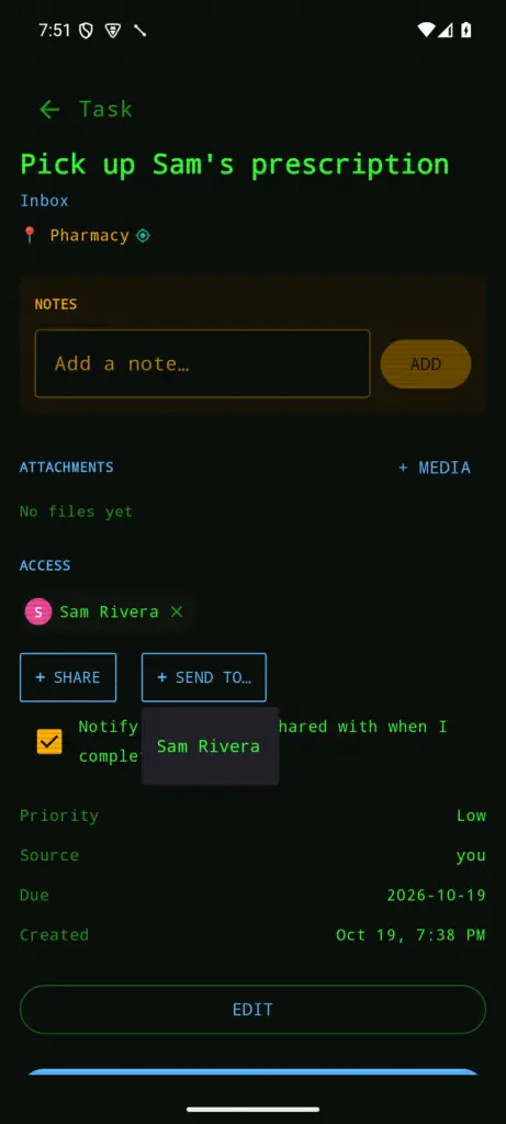 The Send to picker listing a family member to hand the task to