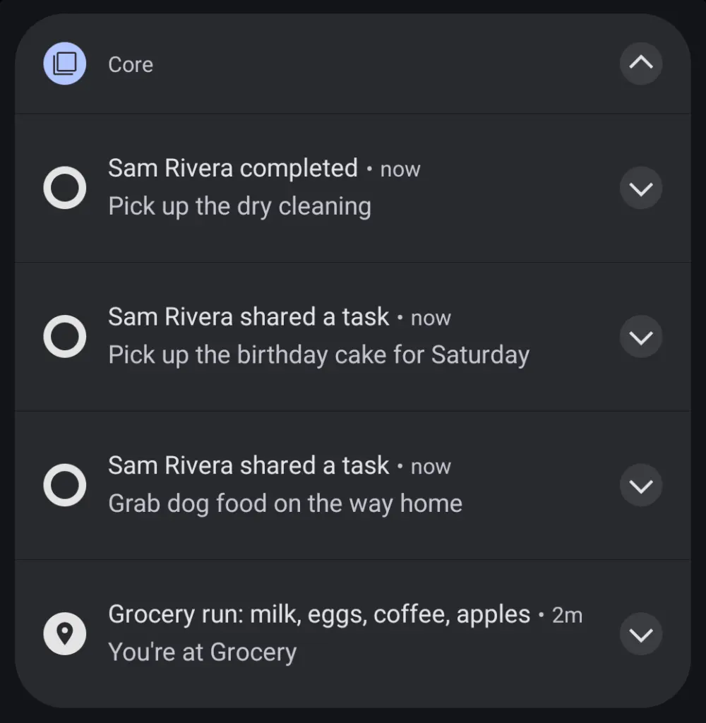 Notifications reading Sam Rivera completed Pick up the dry cleaning, two Sam Rivera shared a task notifications, and an arrival reminder