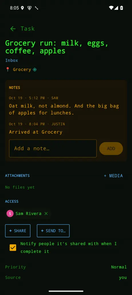 A task's detail screen: the Grocery place line with a teal target, amber notes ending in Arrived at Grocery, a share chip for Sam Rivera, Share and Send to buttons, and the notify checkbox