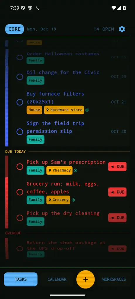 The Punchlist task wheel: tasks grouped by due date, each with a workspace pill, and place pills with a teal target on tasks that will remind on arrival