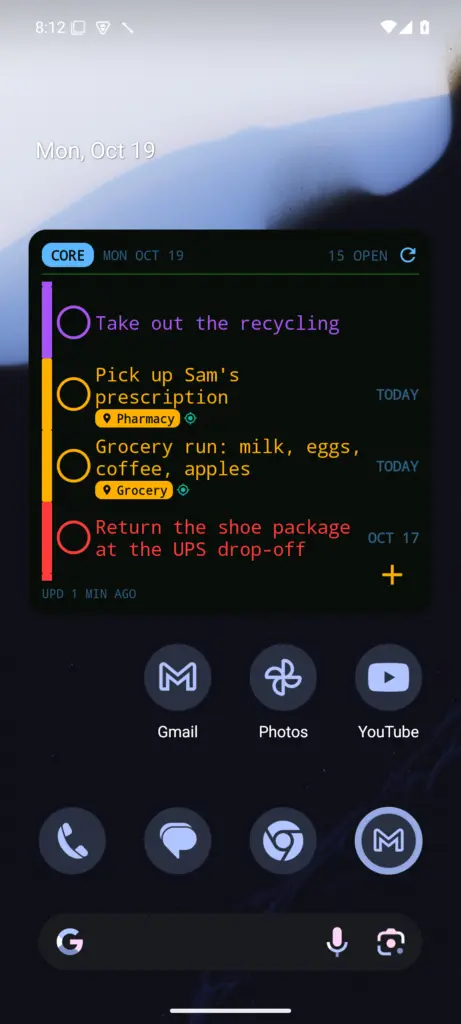 The Punchlist home-screen widget: a color-coded belt of tasks, due today in amber, overdue in red, upcoming in blue