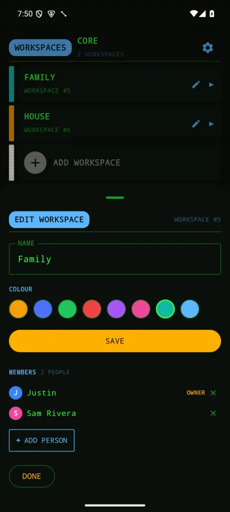 A shared Family workspace's edit sheet, listing its two members