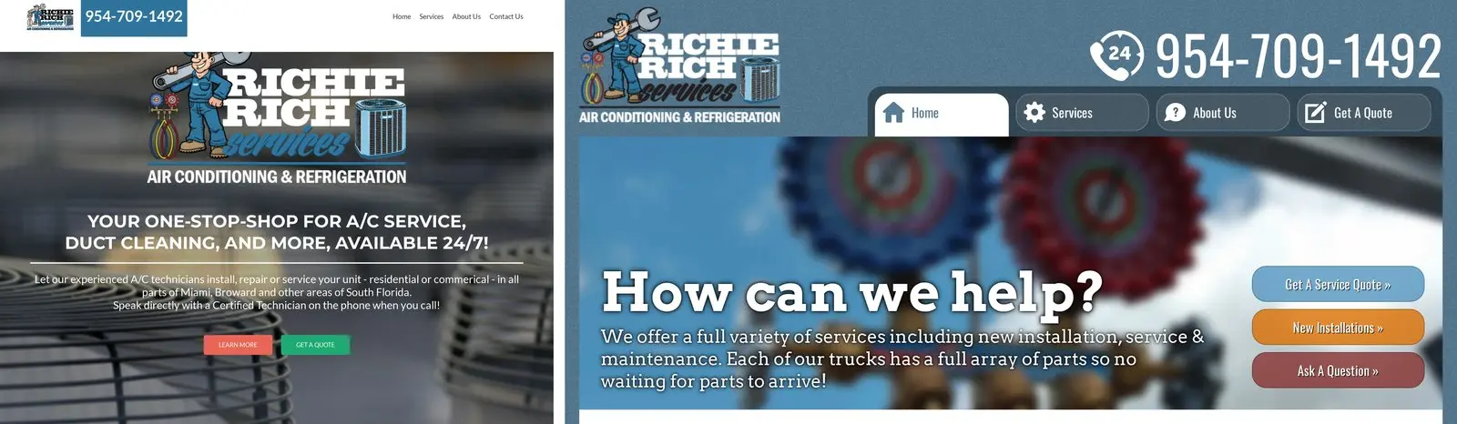 Two Richie Rich Services home pages side by side: the WordPress site with the mascot over a photograph of fan grilles, and the rebuilt site with a blue tab bar and How can we help? over a blurred photograph of the gauges